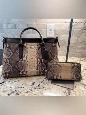 Coach EUC Snakeskin Leather Satchel & Matching Long Zip Wallet